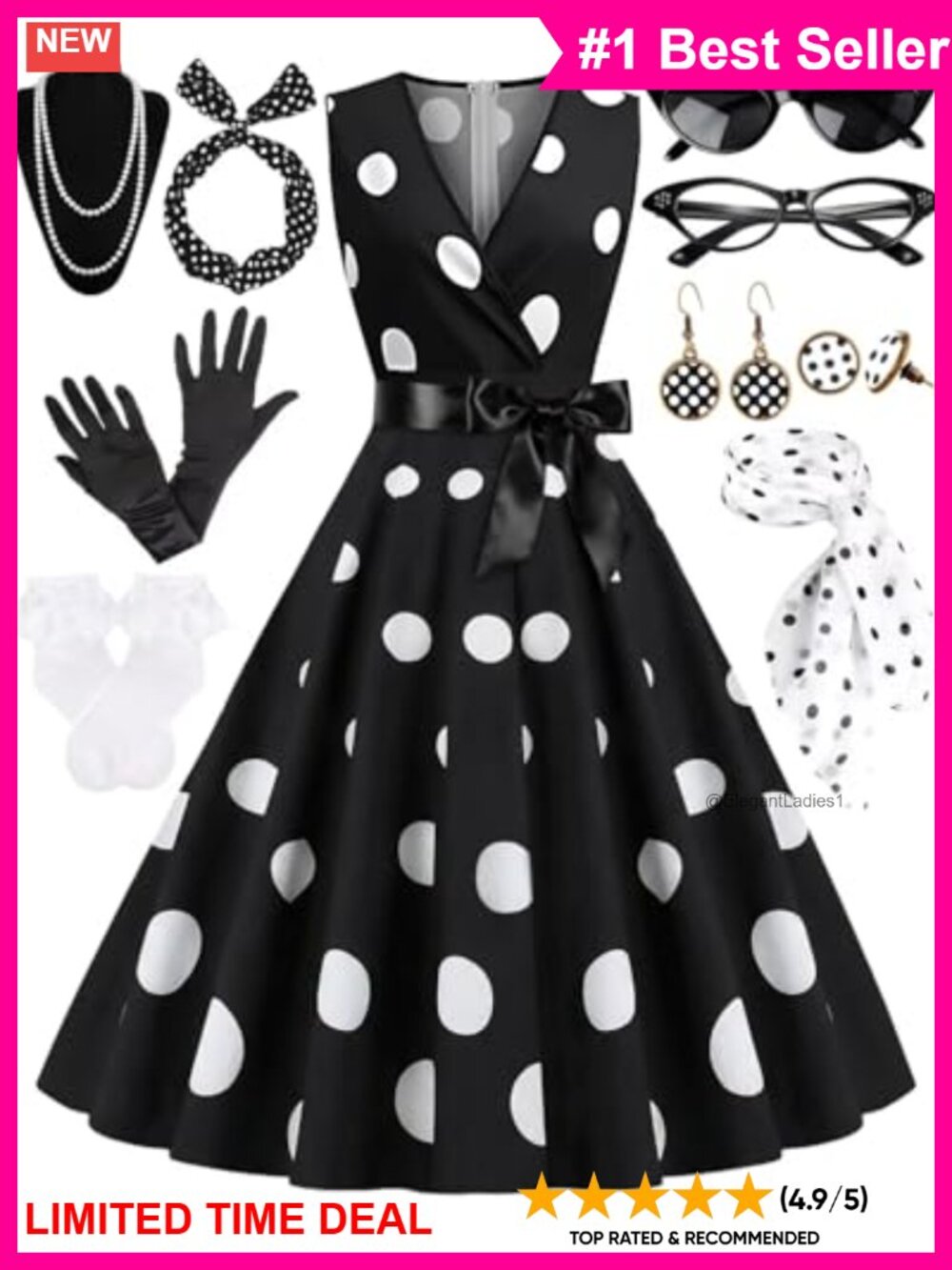 1950s Polka Dot Swing Dress 10pc Costume Set Sleeveless Vneck Retro